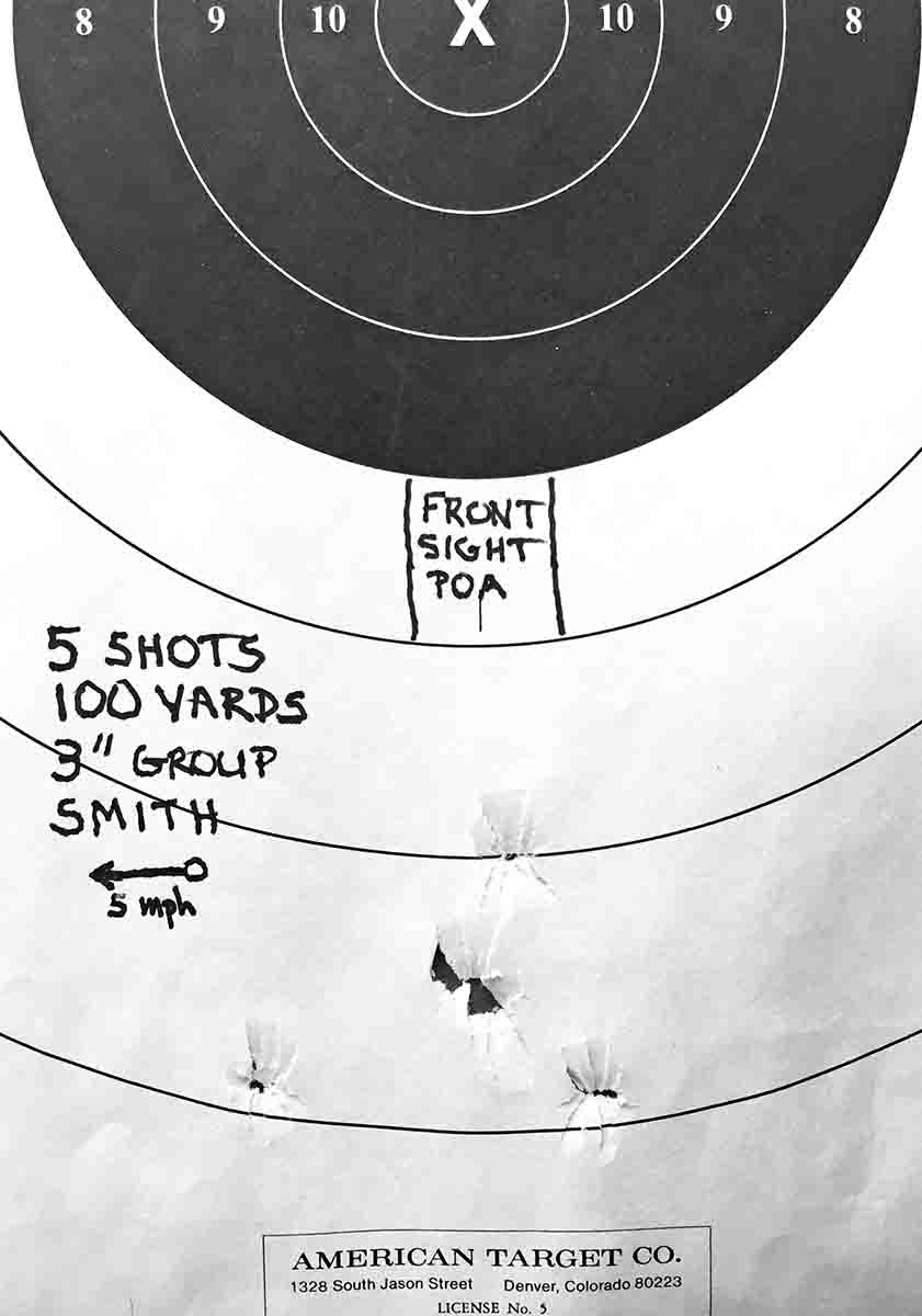 This target represents the average five-shot group, not the smallest nor the largest, and it measures 3 inches. This is representative of what a Smith carbine can do at 100 yards.